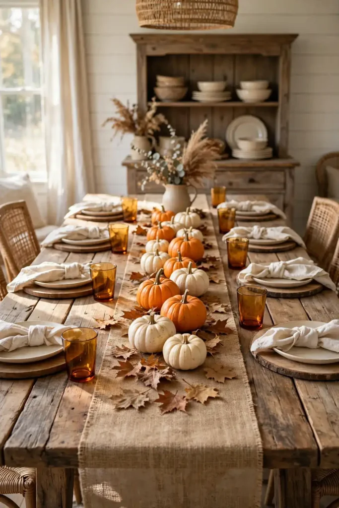 Rustic wooden table with pumpkins