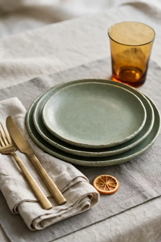 Ceramic plates with amber glassware