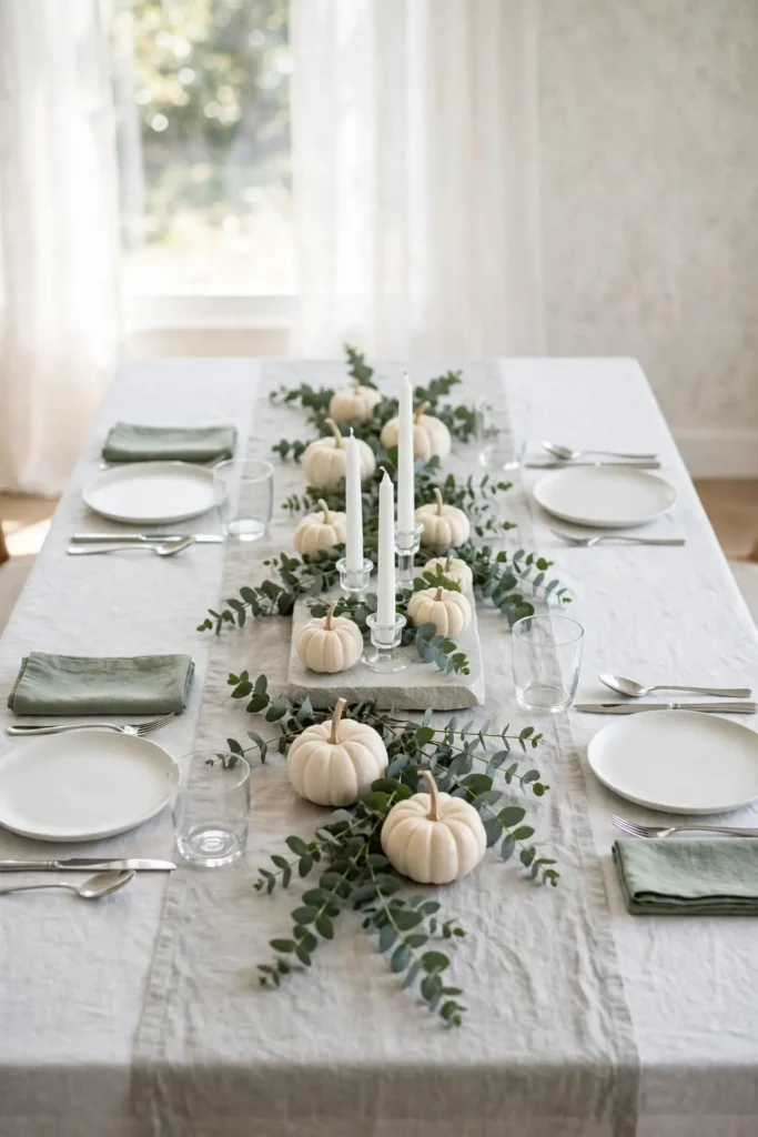 White pumpkins eucalyptus table decor