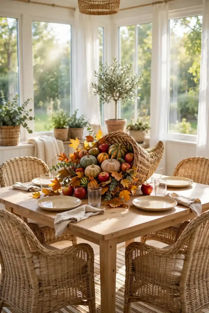 Sunroom table with fall centerpiece
