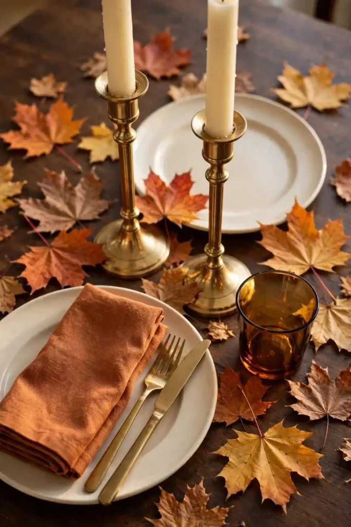 Brass candlesticks autumn foliage table