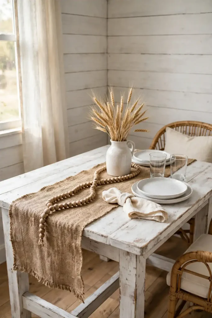 Farmhouse table with burlap runner
