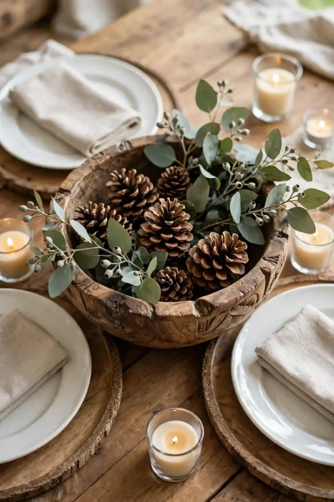 Pinecone eucalyptus table centerpiece
