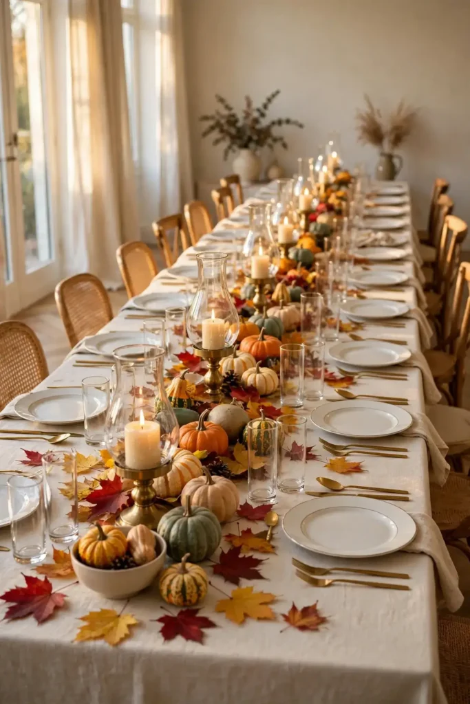 Long banquet table autumn leaves