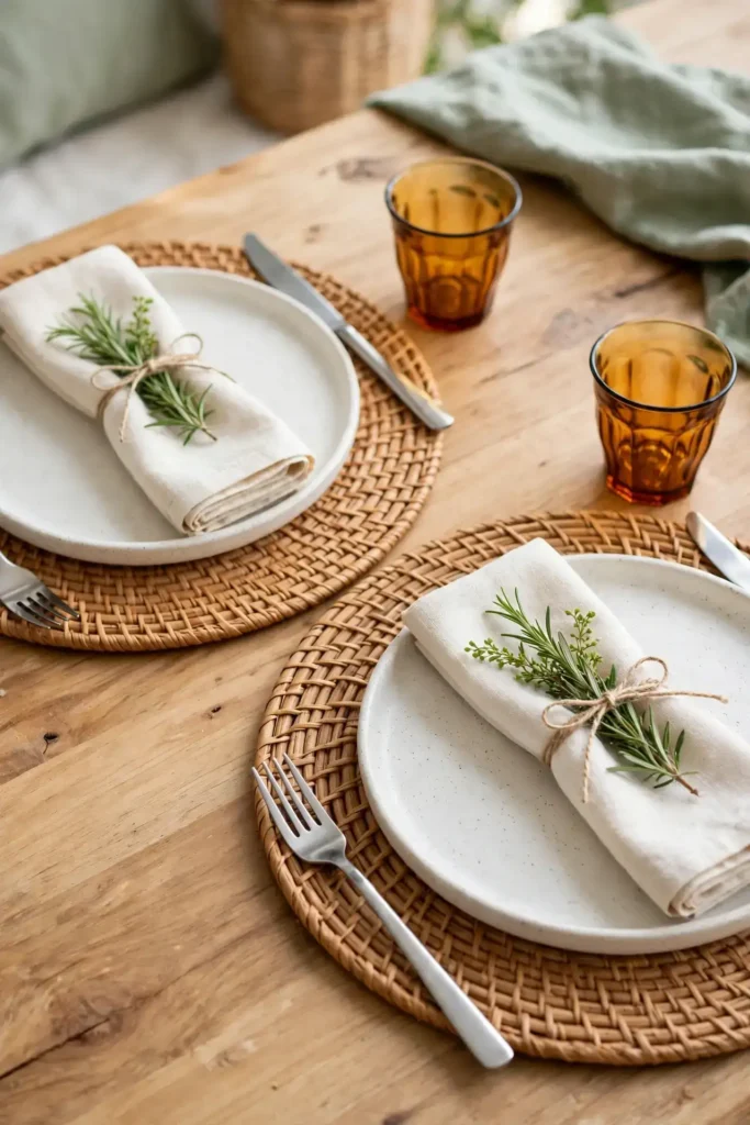 Linen napkins with rosemary twine